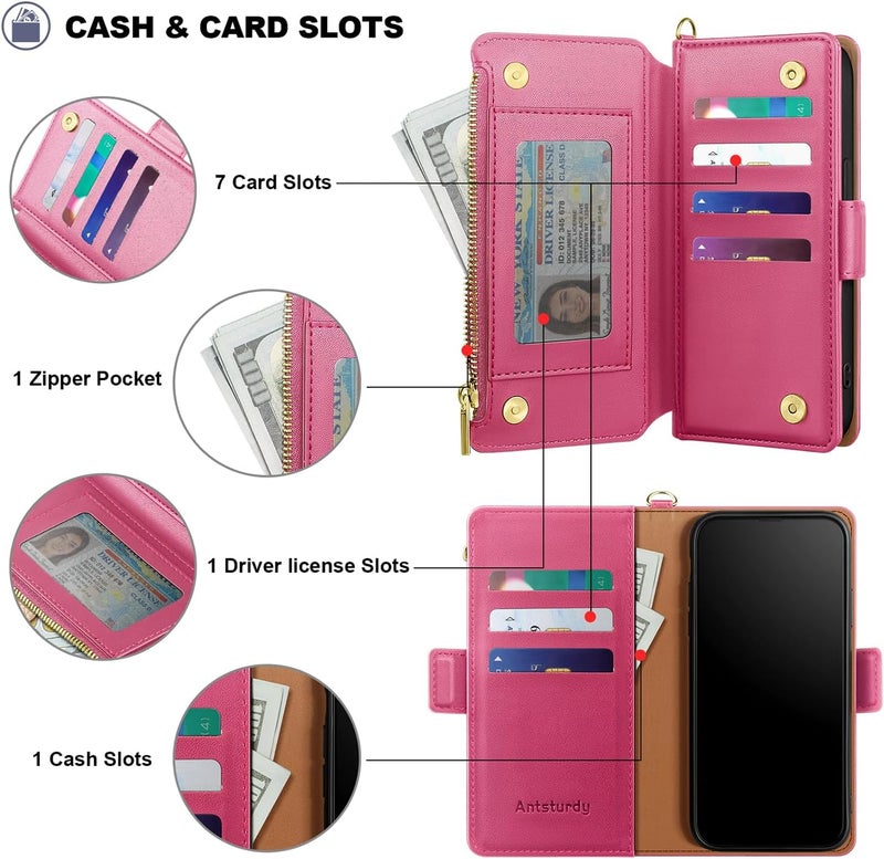 Antsturdy Compatible with iPhone 16 Pro Max Wallet Case,RFID Blocking PU Leather Phone Case Women Men Kickstand flip Cover Wrist Strap Zipper Credit Card Holder Slots for Apple 16 ProMax,Hot Pink - Image 5